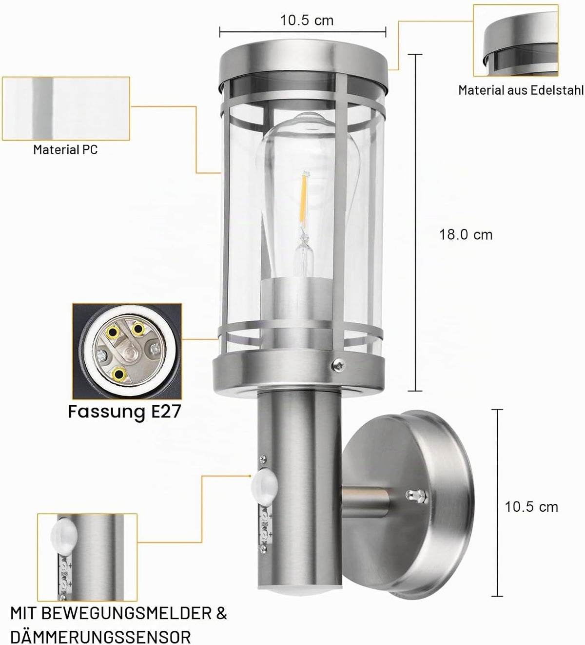 Außenlampe mit Bewegungsmelder und E27 Fassung, IP44 wasserdichte Außenwandleuchte für Haustür und Garten