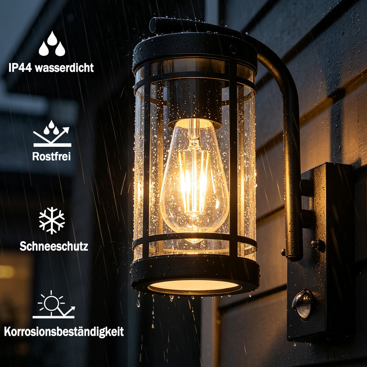 Vesara Außenwandleuchte mit Bewegungsmelder, Schwarz Metall & transparentes PC, E27 Fassung, IP44 Wasserschutz, Wandleuchte für Haustür, Garage, Terrasse, Garten