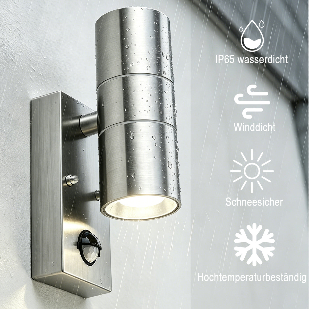 Edelstahl Außenwandlampe mit PIR-Bewegungsmelder, 120° Erfassungswinkel, inklusive 2 GU10 Leuchtmittel, IP65 wasserdicht