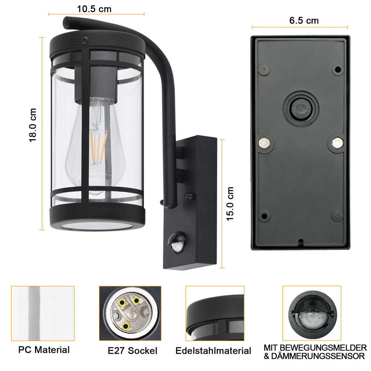 Vesara Außenwandleuchte mit Bewegungsmelder, Schwarz Metall & transparentes PC, E27 Fassung, IP44 Wasserschutz, Wandleuchte für Haustür, Garage, Terrasse, Garten