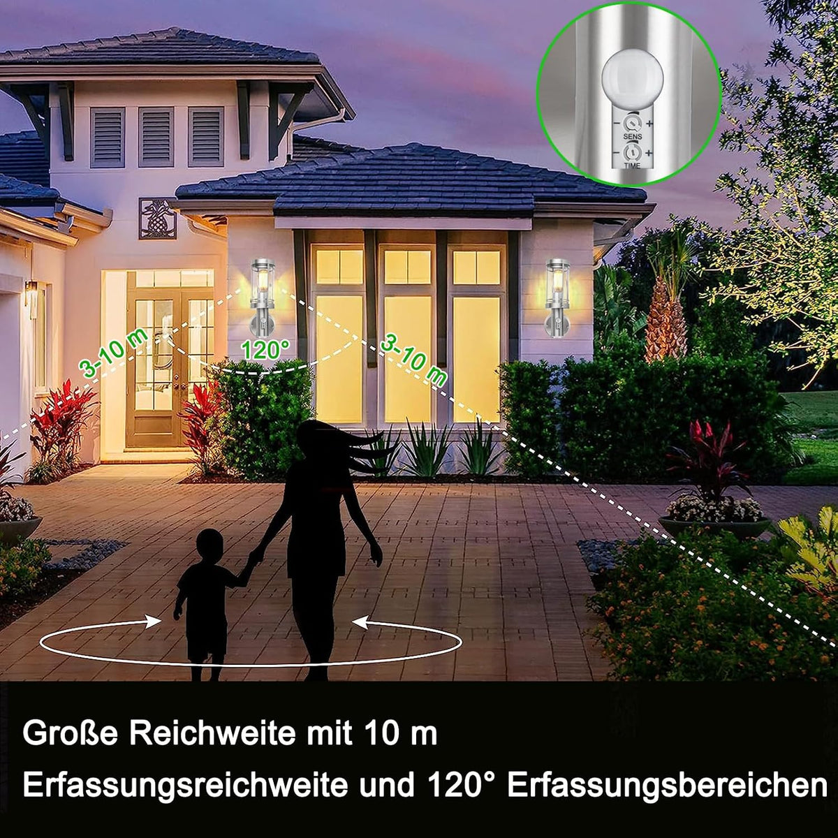 Lampe d'extérieur avec détecteur de mouvement et douille E27, lampe murale extérieure IP44 étanche à l'eau pour porte d'entrée et jardin