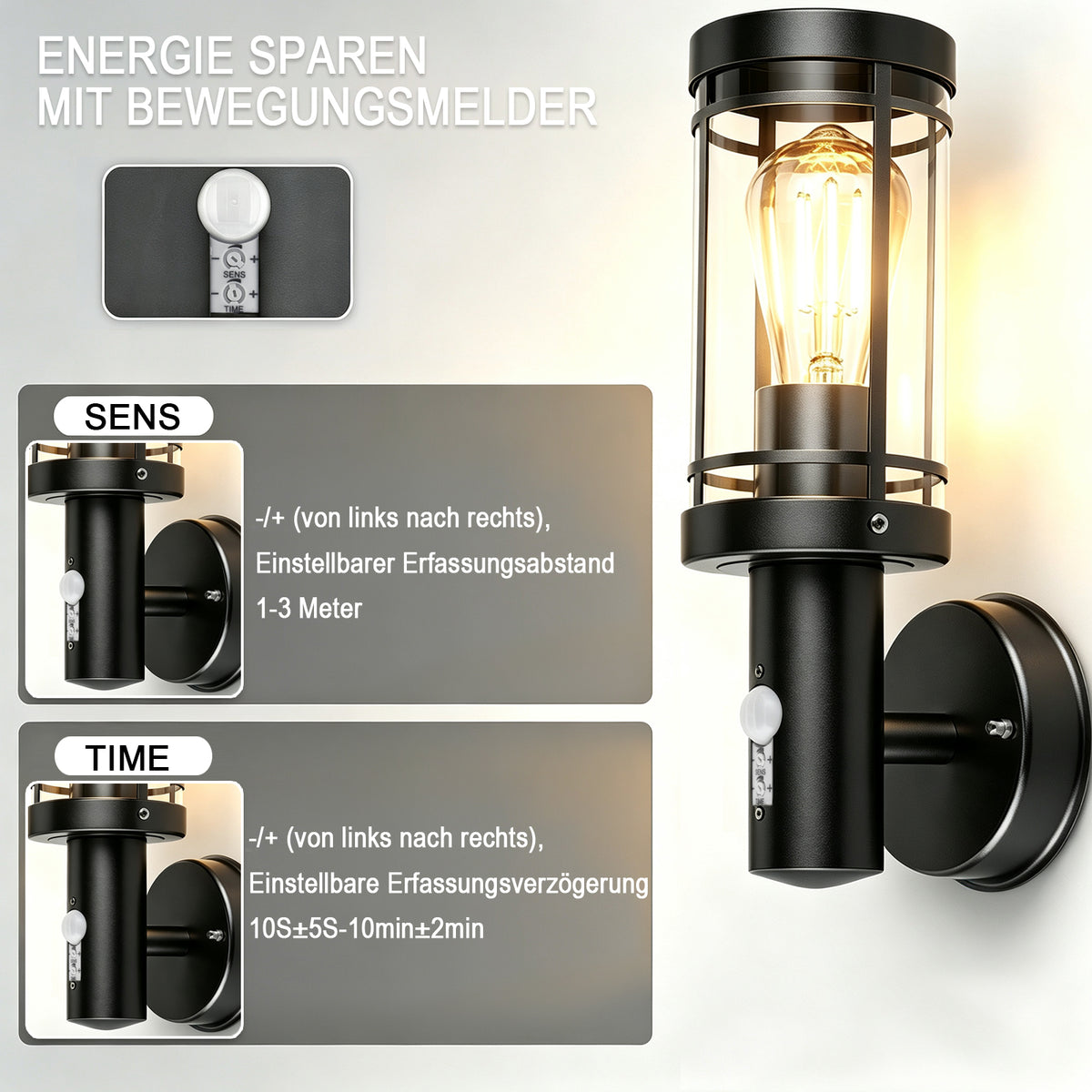 Außenlampe mit Bewegungsmelder und E27 Fassung, IP44 wasserdichte Außenwandleuchte für Haustür und Garten