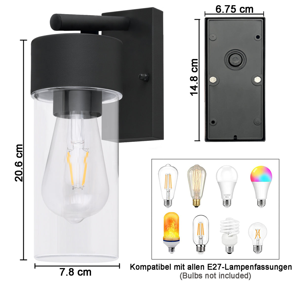 Moderne schwarze Außenwandleuchte, IP44 wasserdicht, mit transparentem PC-Schirm, E27 Sockel, Wandleuchte für Veranda, Terrasse und Garten