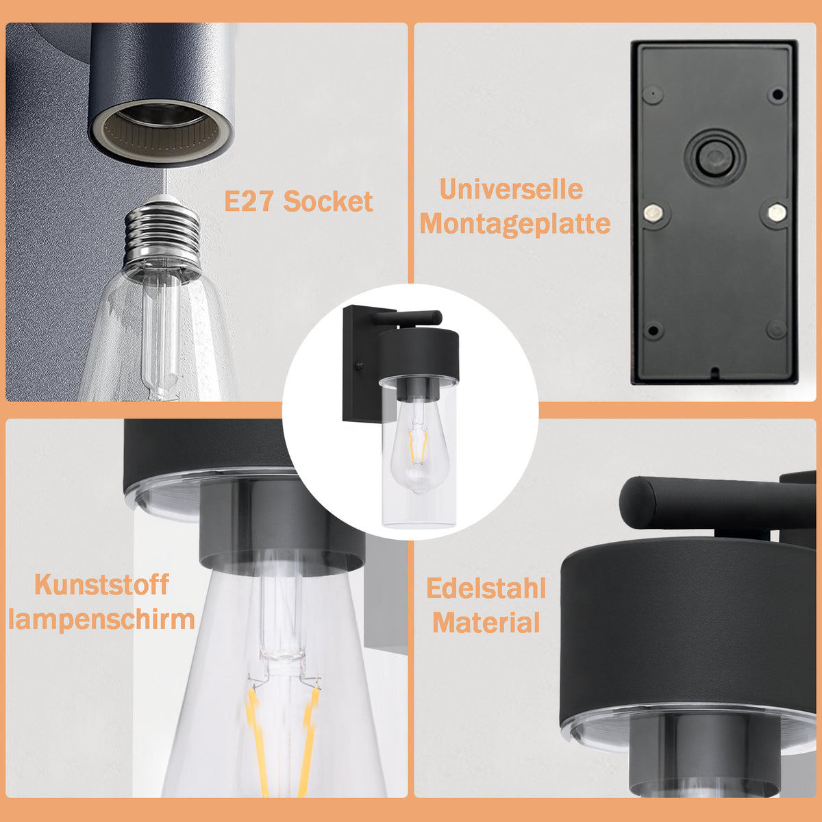 Moderne schwarze Außenwandleuchte, IP44 wasserdicht, mit transparentem PC-Schirm, E27 Sockel, Wandleuchte für Veranda, Terrasse und Garten