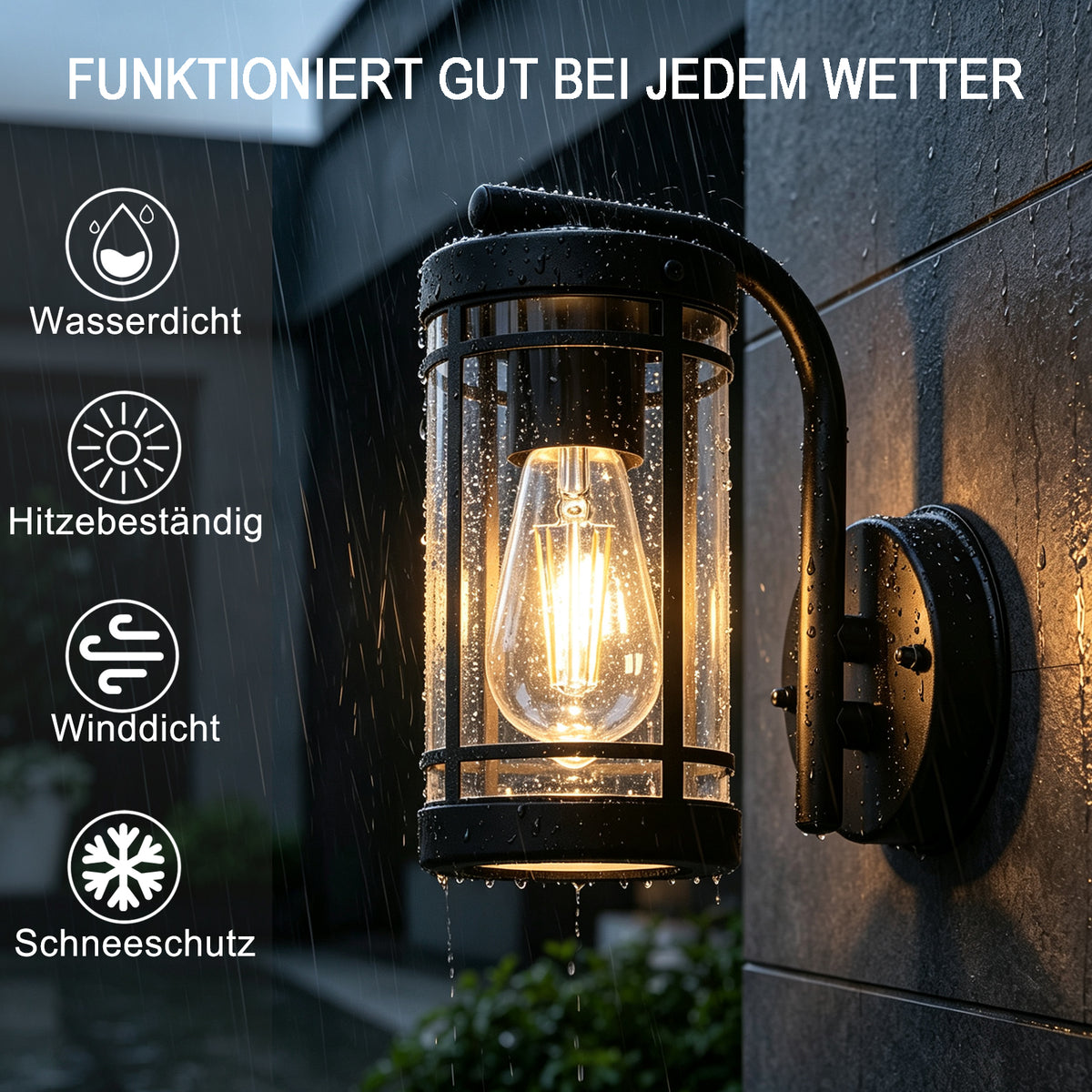 Vesara Außenwandleuchte, wetterfest, wasserdicht, hitzebeständig, winddicht und schneeschutz, Regenszene